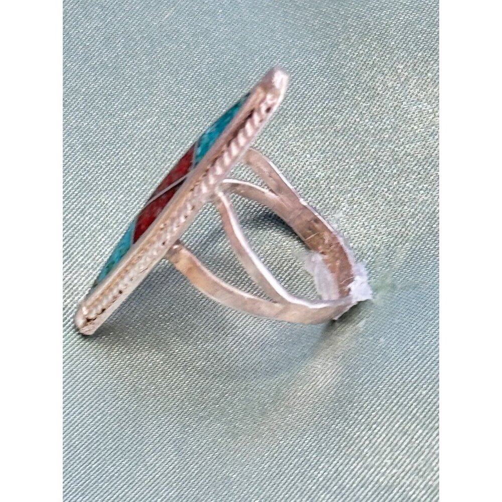 Navajo Native American Genuine Turquoise Coral Mosaic Inlay Sterling Ring sz 5.5 - Picture 8 of 10